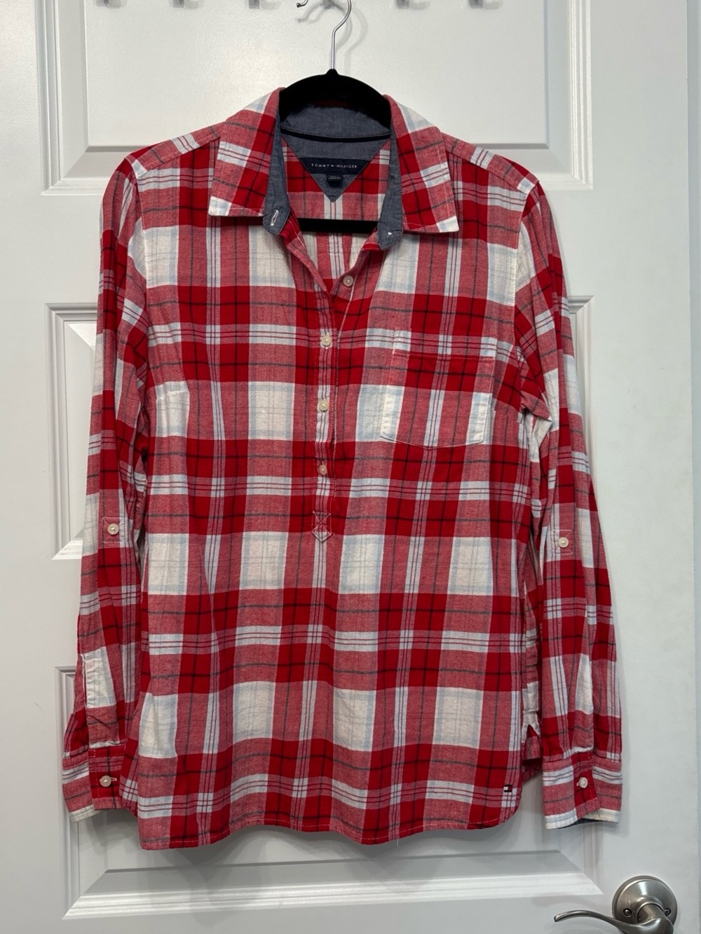 Tommy Hilfiger Red White Blue Plaid Long-Sleeve Half Button Shirt